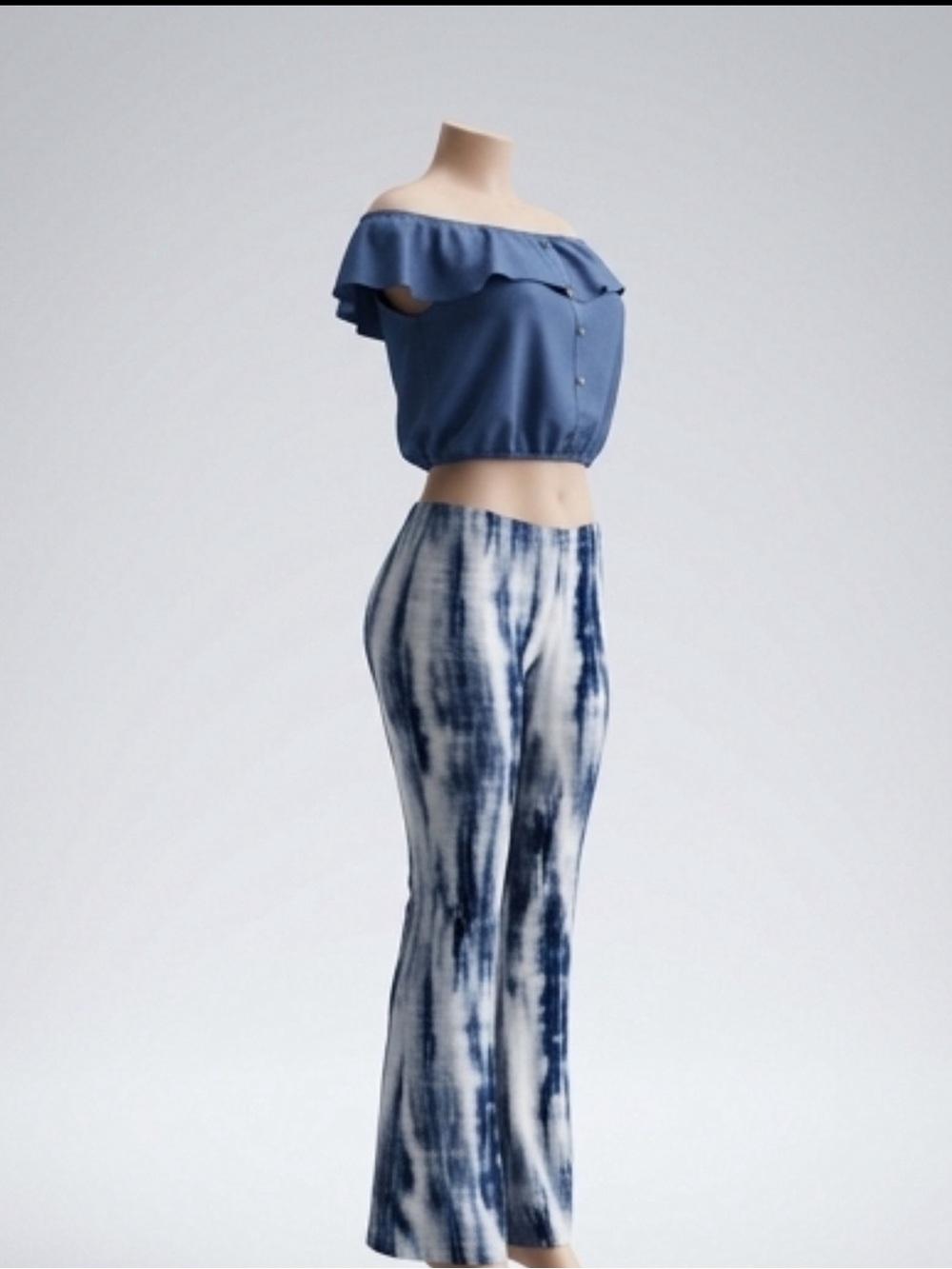 Blue Off-Shoulder Ruffled Crop Top with Tie-Dye Flare Pants